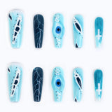 Press on Nails Light Blue Medium Coffin Nails with Devil Eyes