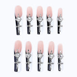 Press on Nails Long Square Pink Black Rhinestone 3D Nails Bling Glossy