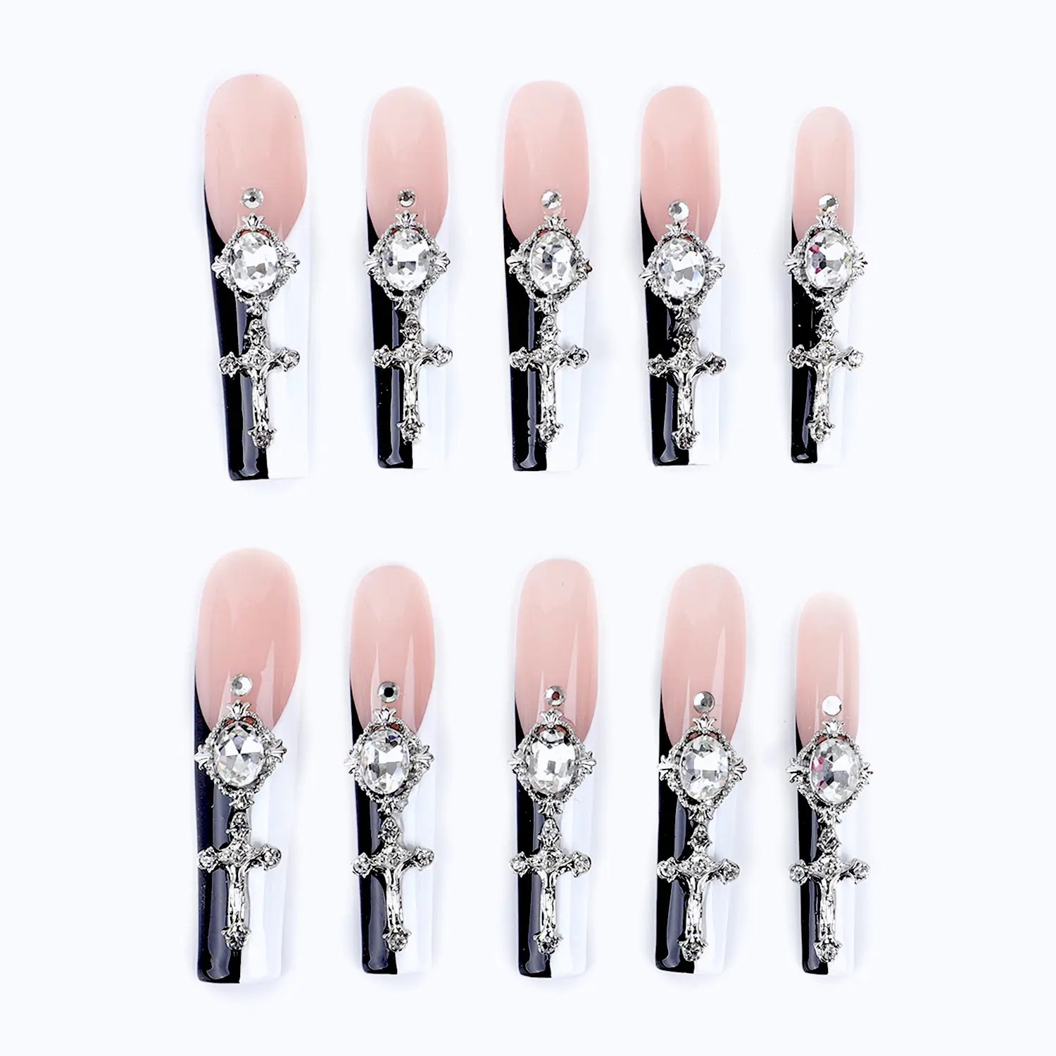 Press on Nails Long Square Pink Black Rhinestone 3D Nails Bling Glossy