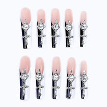 Press on Nails Long Square Pink Black Rhinestone 3D Nails Bling Glossy