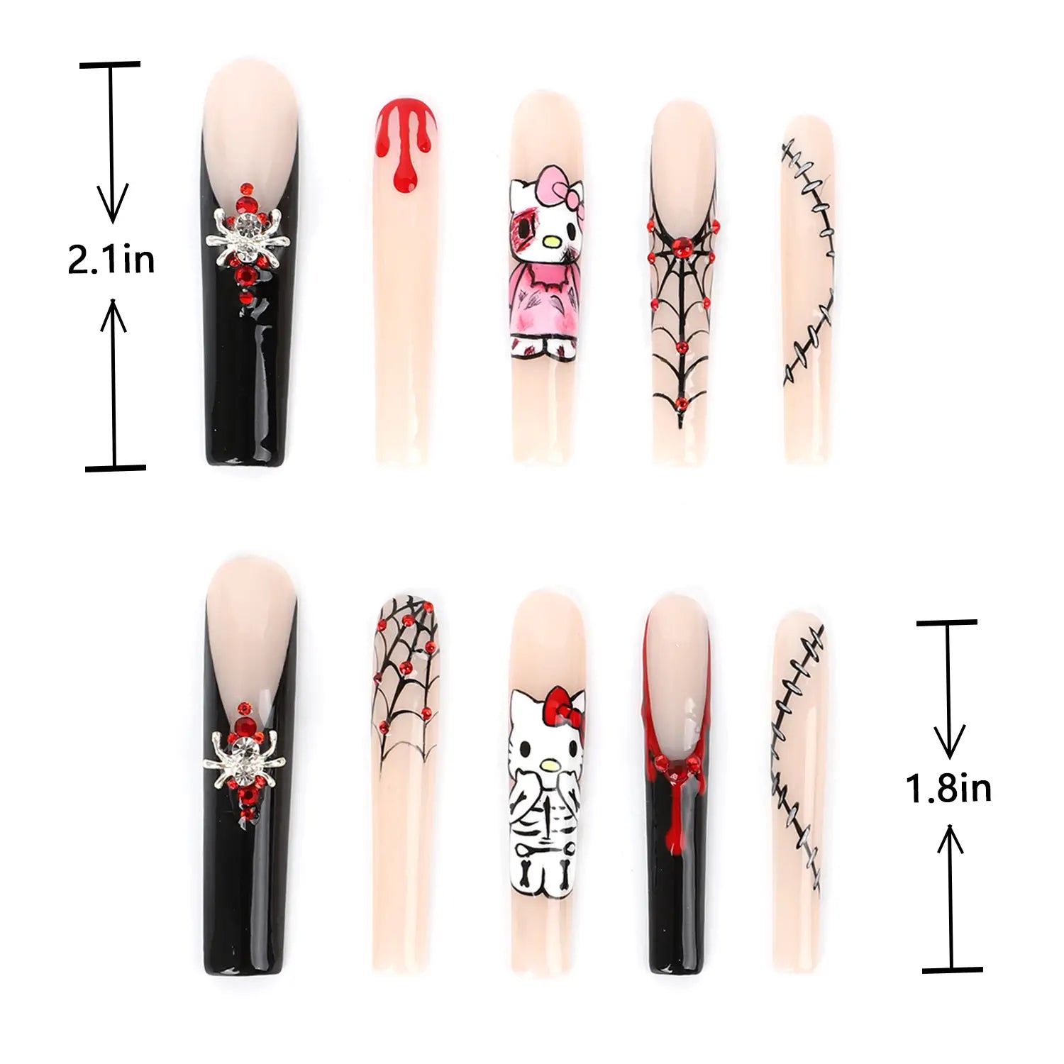 Length measurement for Press on Nails Square Long Nude Pink and Black Halloween Nails