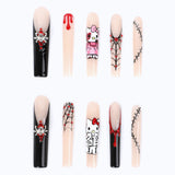 Press on Nails Square Long Nude Pink and Black Halloween Nails