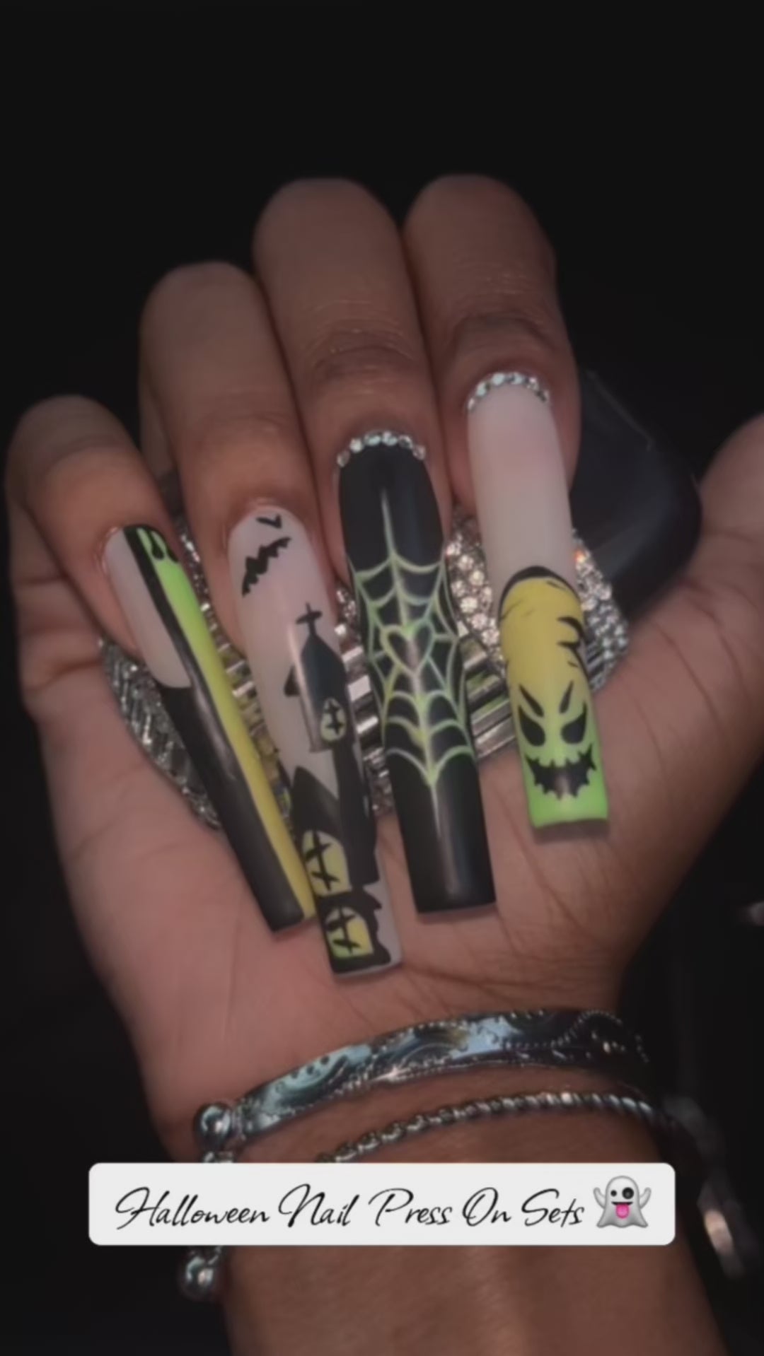 Oogie boogie long square press on nails green night