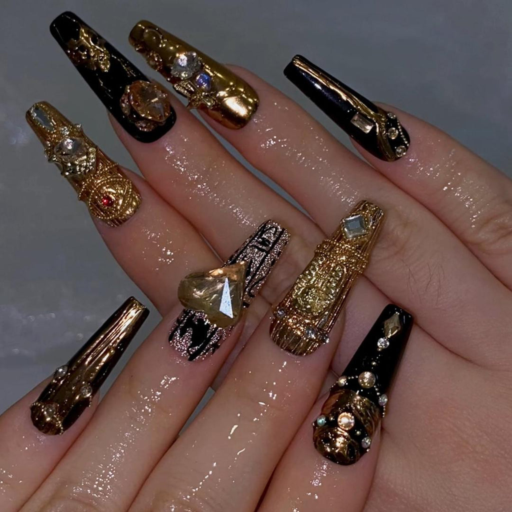 Luxury coffin 3d nails egypt baroque gold glossy rhinestones