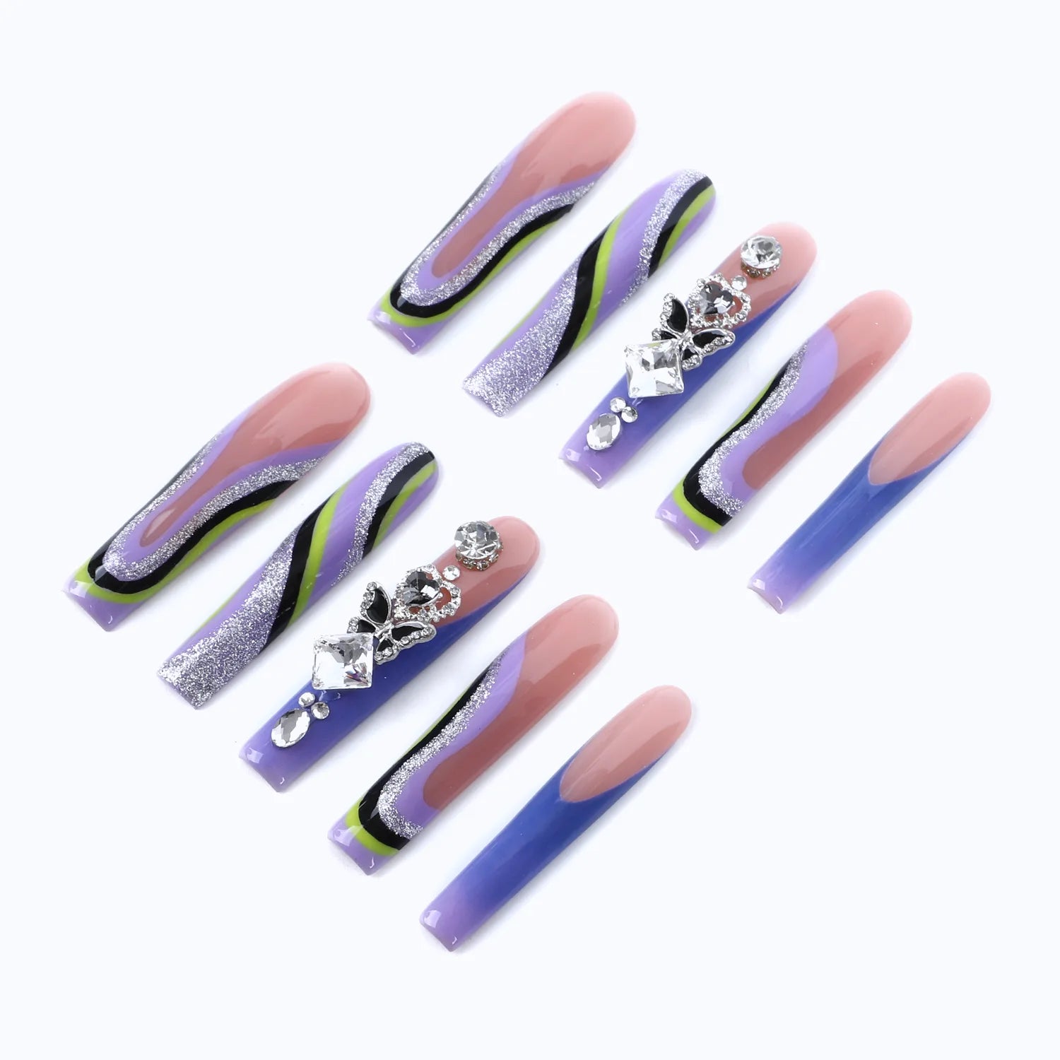 This press-on nail design is mainly purple, green, and black gradient lines with silver glitter.