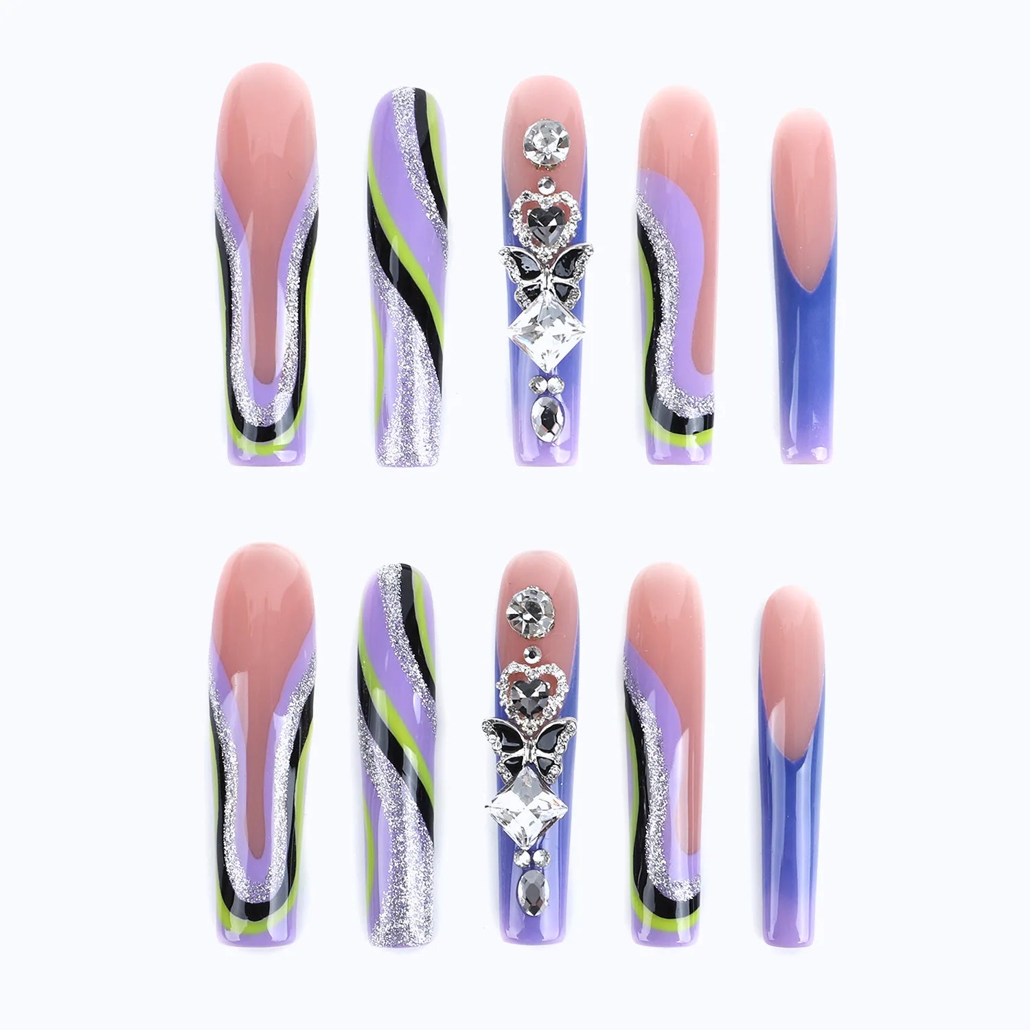 Purple Wave and Diamond Butterfly Long Square Press-On Nails