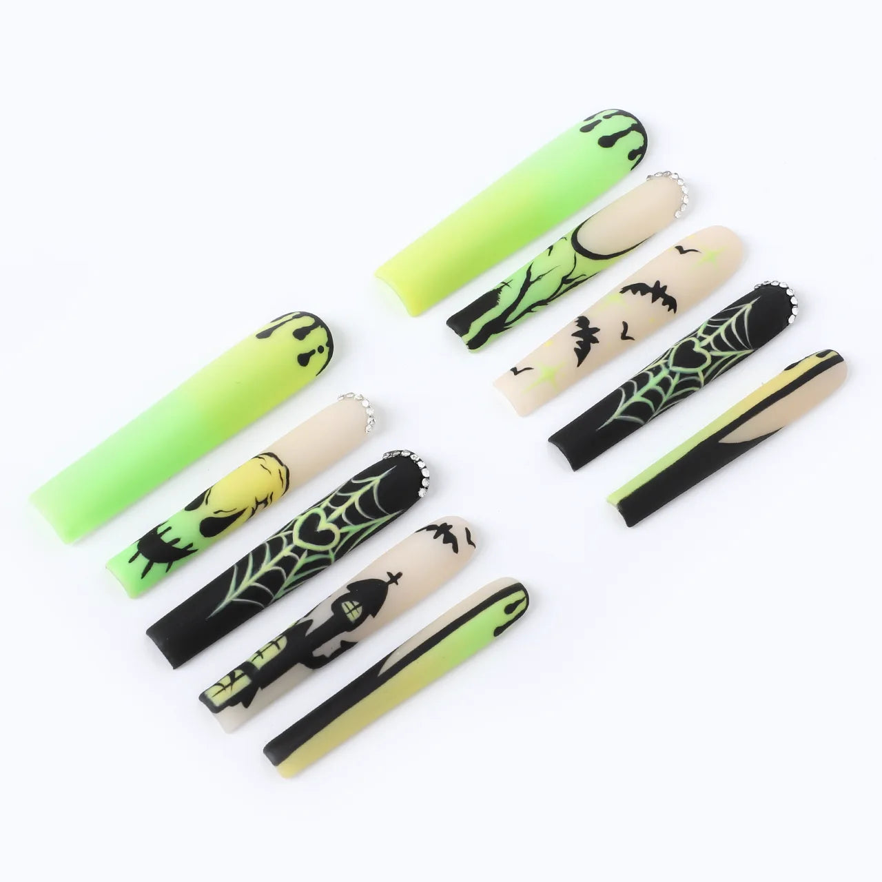 Square long fake nails with scary night city halloween