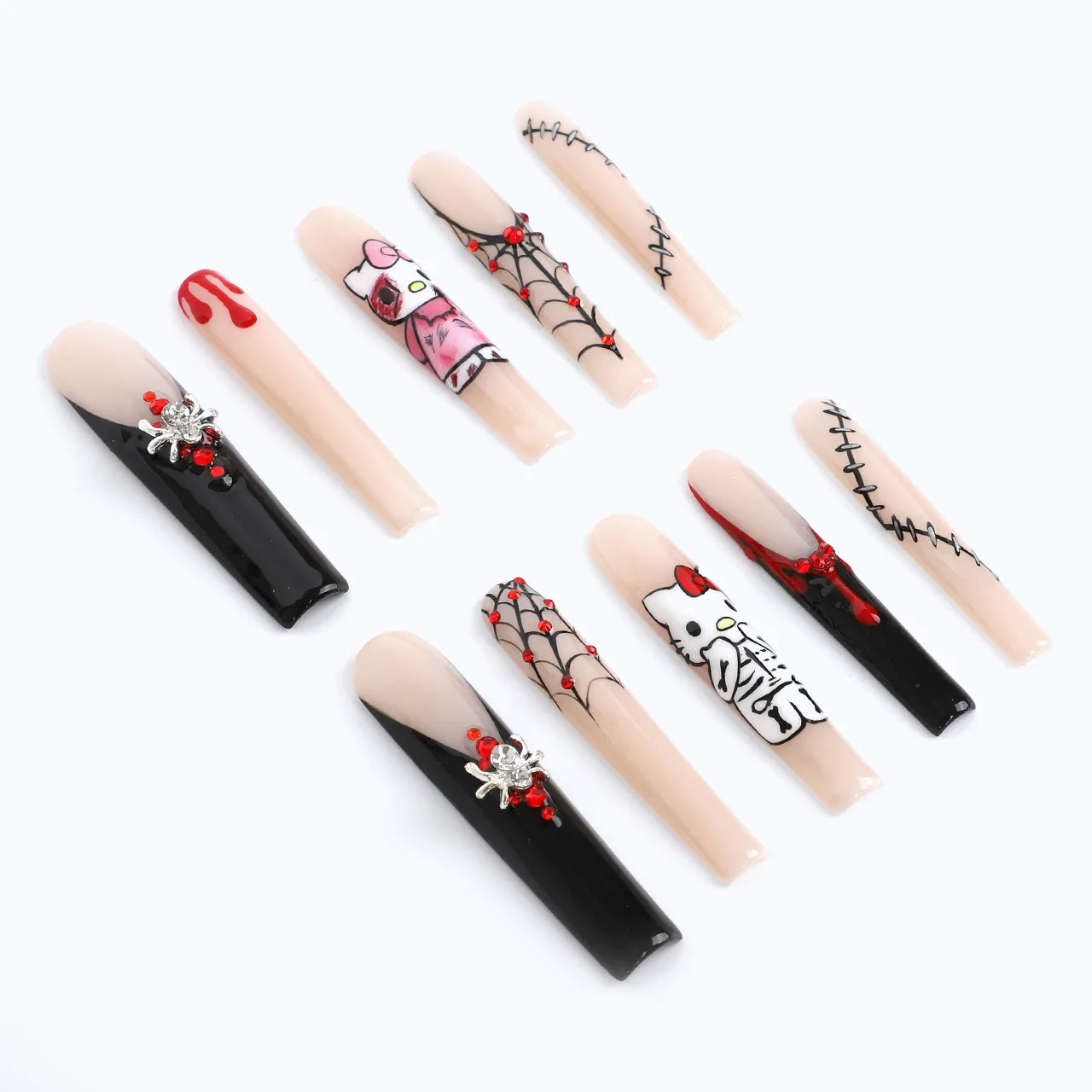 10 close-ups of nails with handmade 3D spider designs