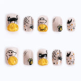 Squoval Short Acrylic Nails Glossy Sparkling with Pumpkin Bat