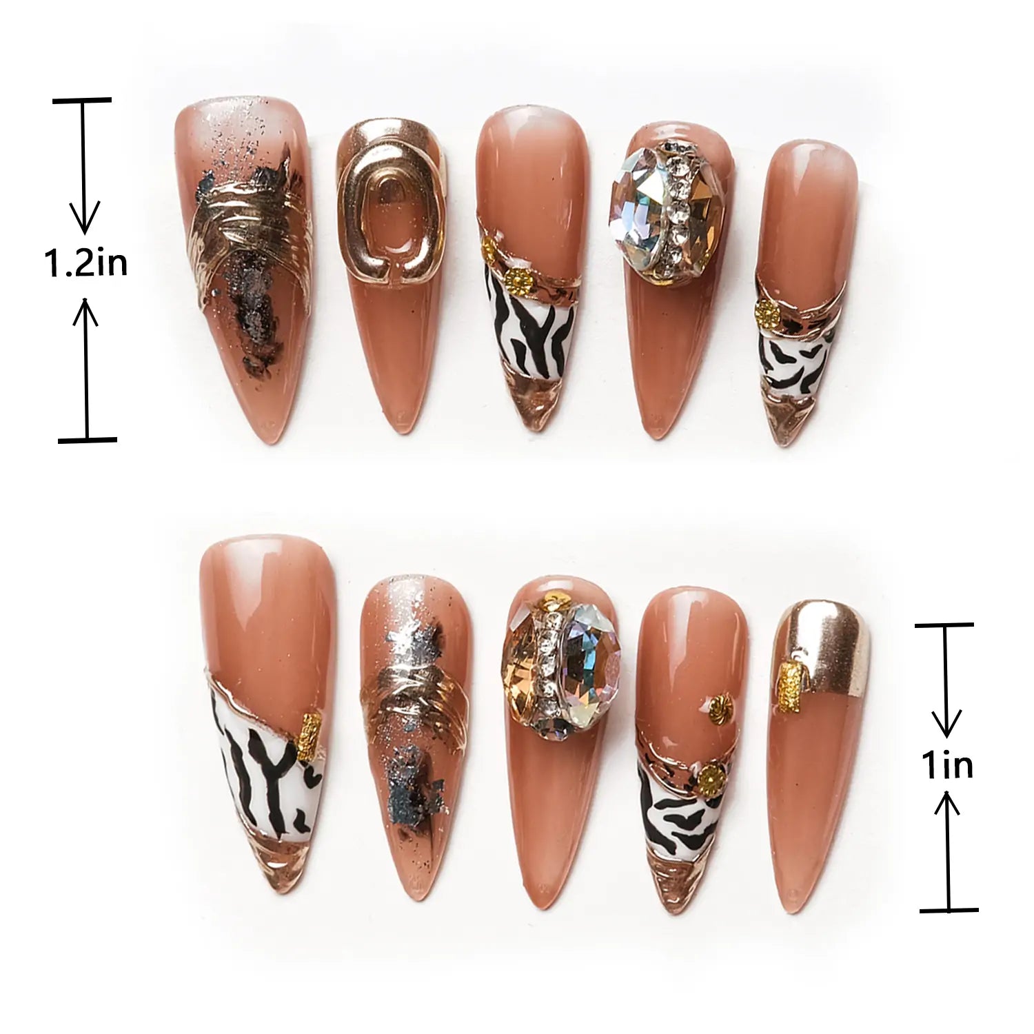 Length Measurement of Stiletto 3D Acrylic Nails with Gold Decoration and Rhinestones