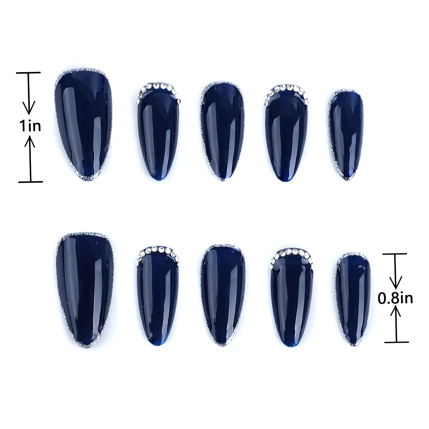 Length measurement chart of Dark Blue Press on Nails Short Almond Glossy Acrylic Nails, showing length