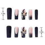 Length Measurement for Press on Nails French Tip Black Ombre Fake Nails Rhinestone Butterfly