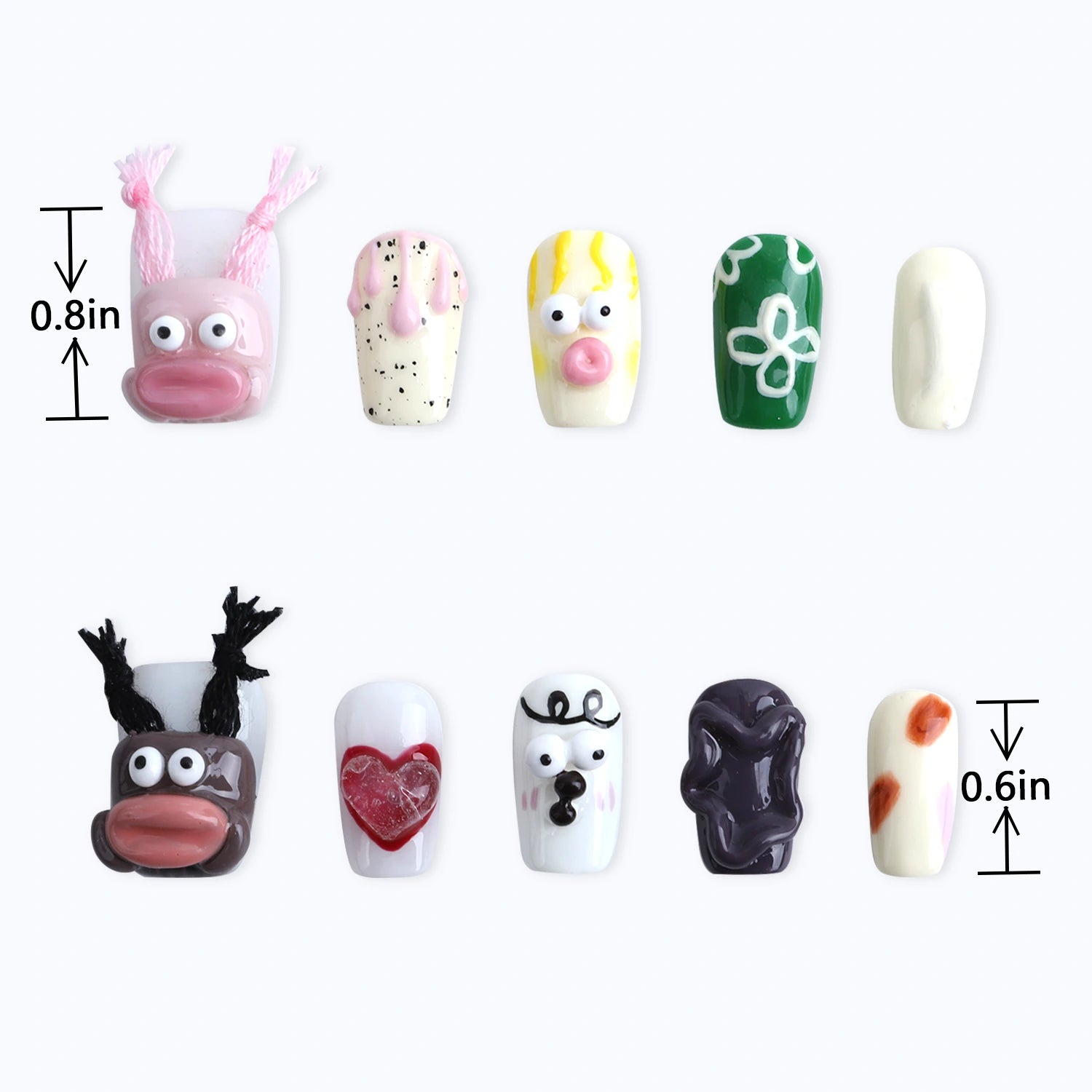 Length measurements for vibrant funny girl with two ponytails 3D creative cartoon art designs nails