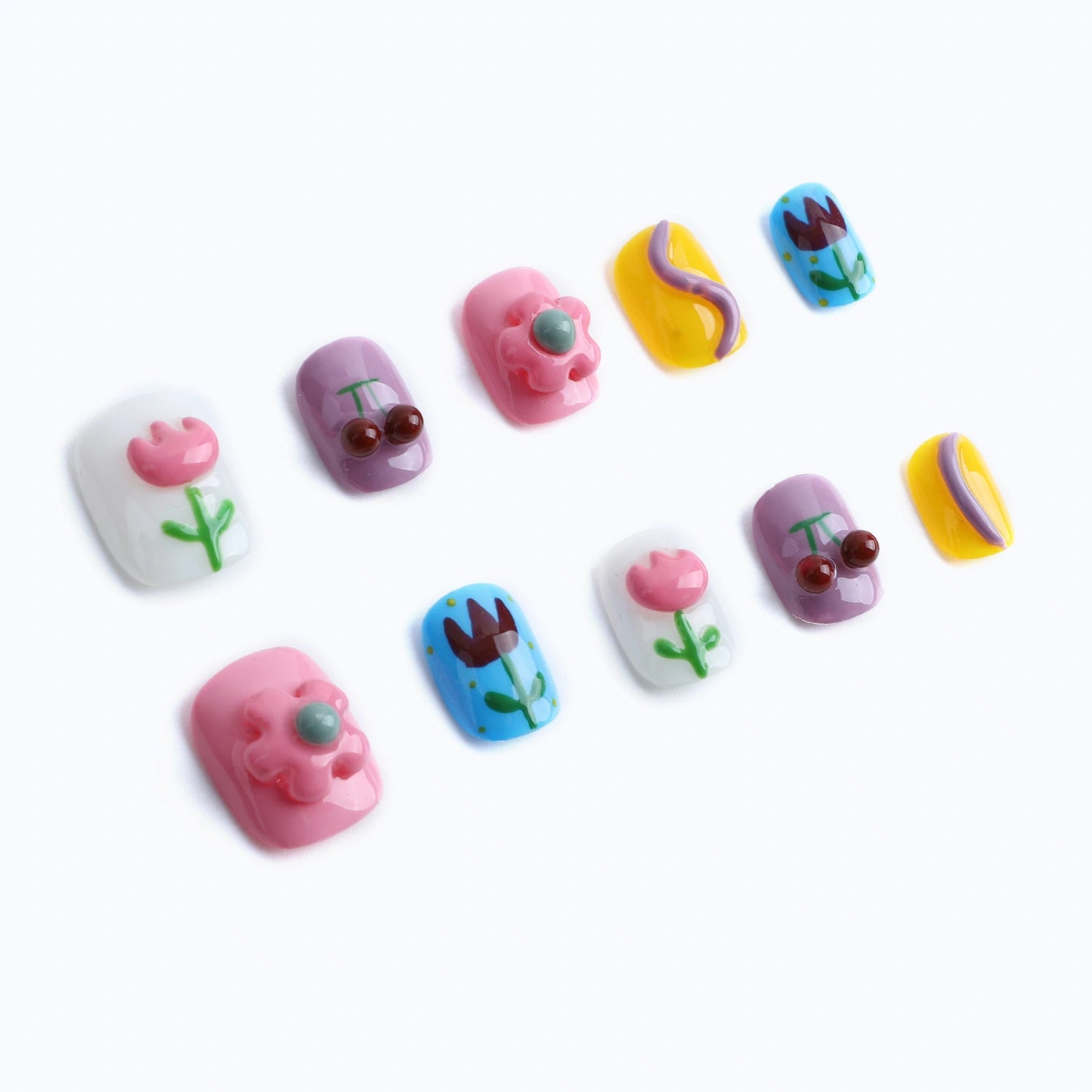 Cute flower and playful banana press-on nails with vibrant designs